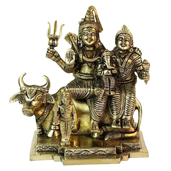 Brass Lord Shiva Parvati Kartikeya Ganesha and Nandi Ji Murti Shiv Family Parivar Statue 7.5 Inches