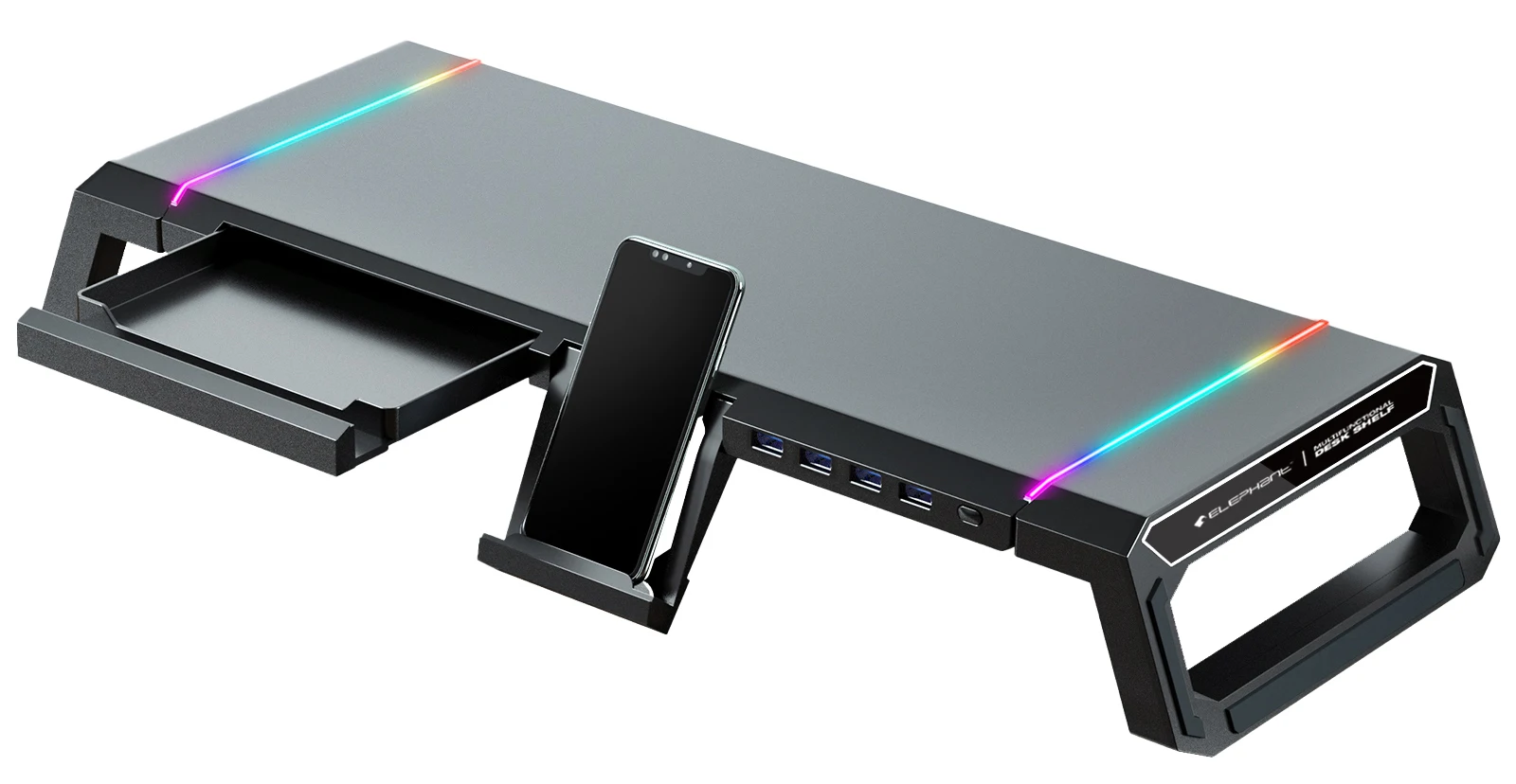 New design super strong structure dual monitor stand computer riser with USB 3.0 hub ports RGB Light desk shelf