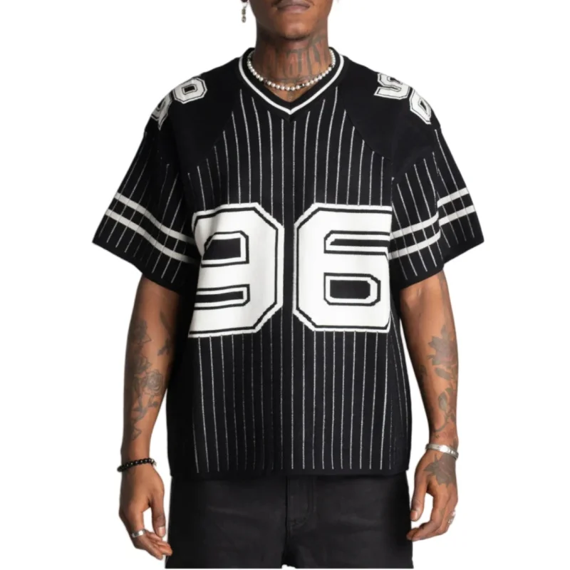 Custom Cotton Blend Number Jacquard Varsity Street Knit Short-Sleeve Sweater Jersey Football Basketball Men Oversize Striped