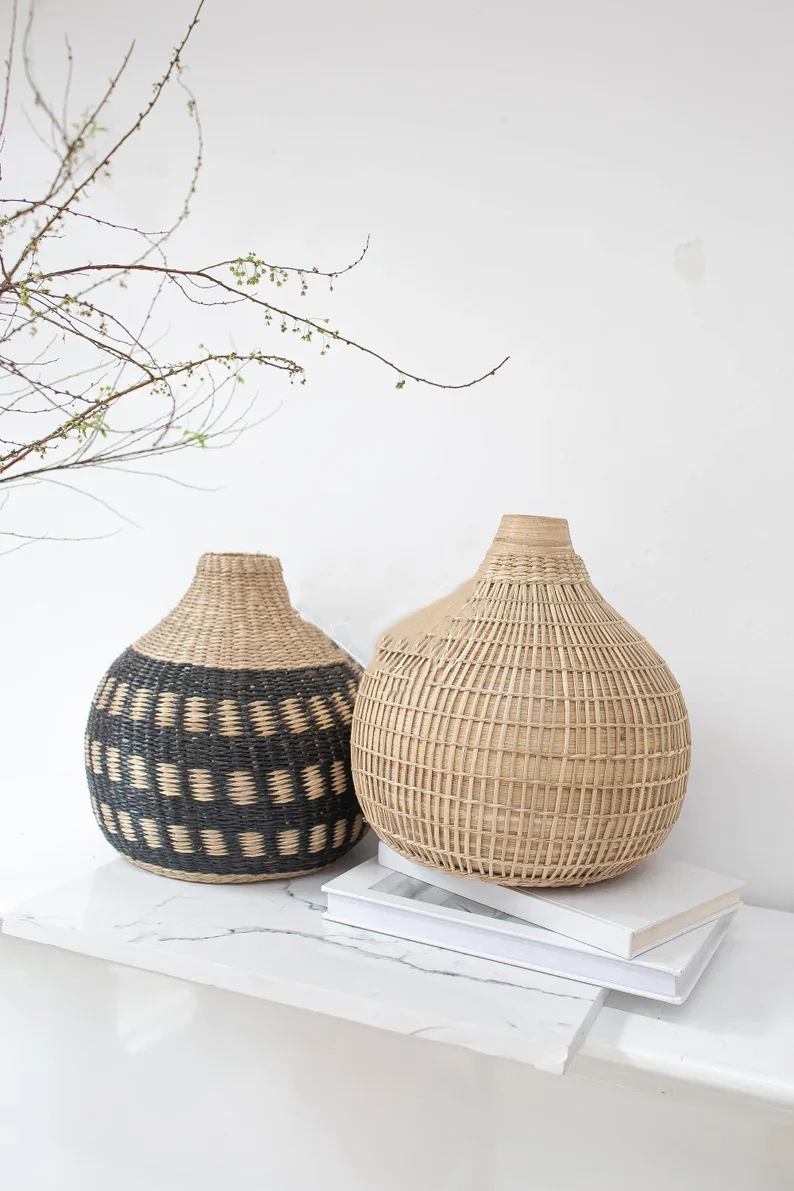 Bamboo Handmade Woven Basket with Black Paint and Cotton Hair Balls for Decoration perfect for Storage or Plant Pot