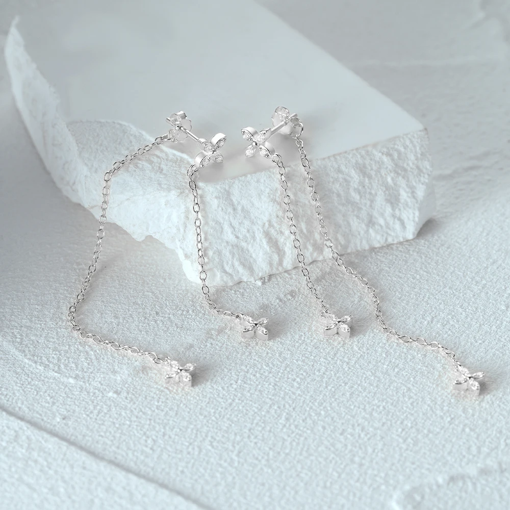 New Trendy Fine Jewelry Flower Diamond Chain Tassel Earring Gold Plated 925 Sterling Silver Earrings Long Drop