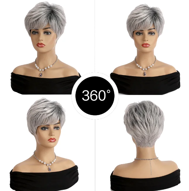 Fluffy Gray Short Layered Bob Haircut Wigs for Women Mixed Grey Elegant Synthetic Hair Straight Natural Bob Wig 57cm head circle