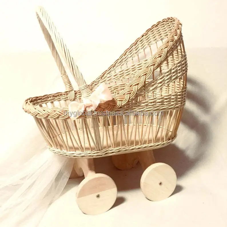 Wholesales home decor natural rattan trolley for toy baby doll carriage rattan stroller with cheap price for christmas event