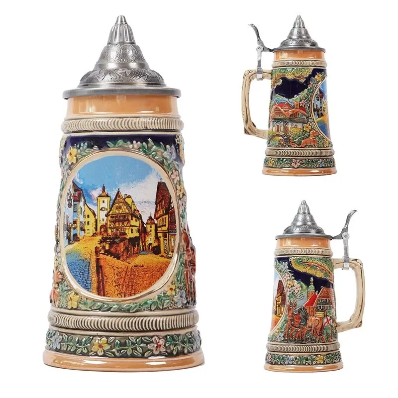 Ceramic Beer Stein Mug German Frankfurt Oktoberfest Tankard with Petwer Lid Porcelain German Beer Cup in Bulk