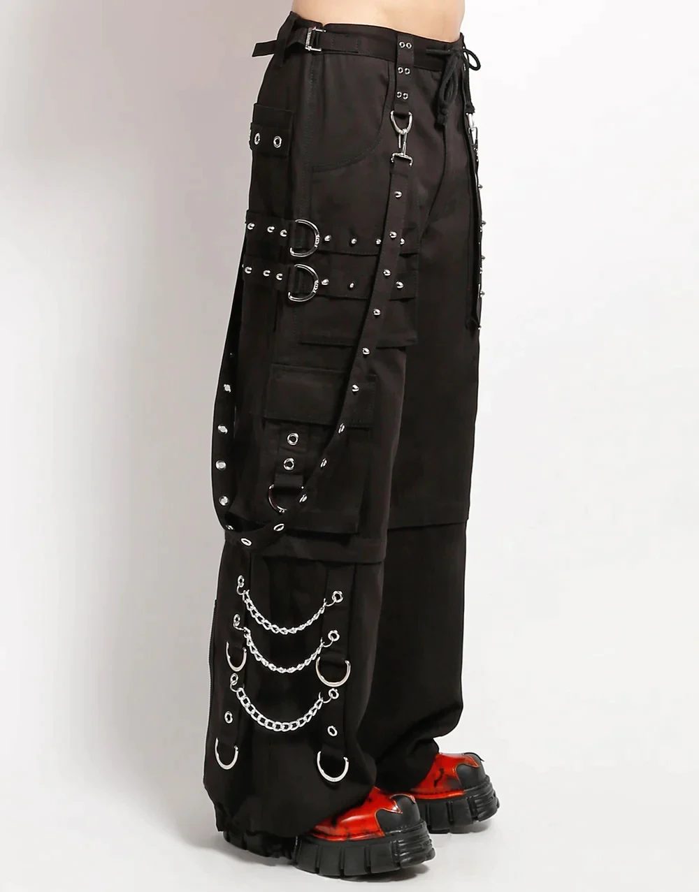 Customized Step Chain Pants Black With Contrast White Stitch Pants Gothic Pants With Chains And Straps Details