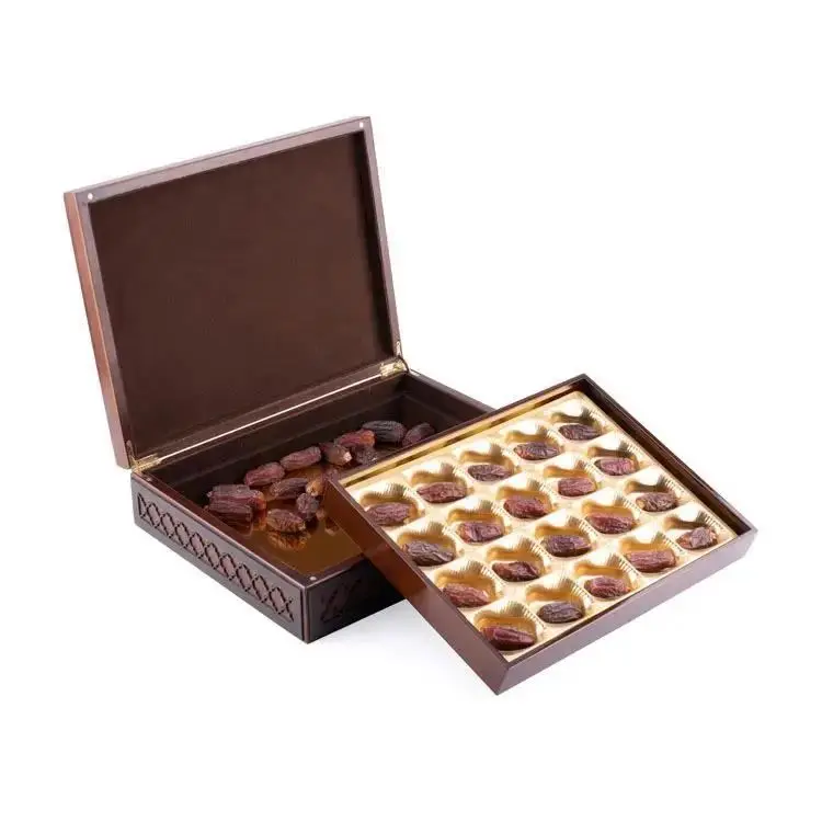 KSA Jeddah season Luxury Dark Brown Color Arabic Ramadan Wooden Dates Box For Gift