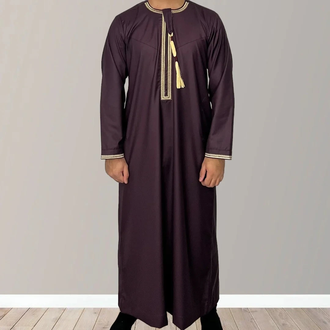 Customizable 2024 Arabian Thobe for Men Full Sleeve Jubba Muslim Islamic Clothing with O-Neck Tussle Patch Adults Middle East