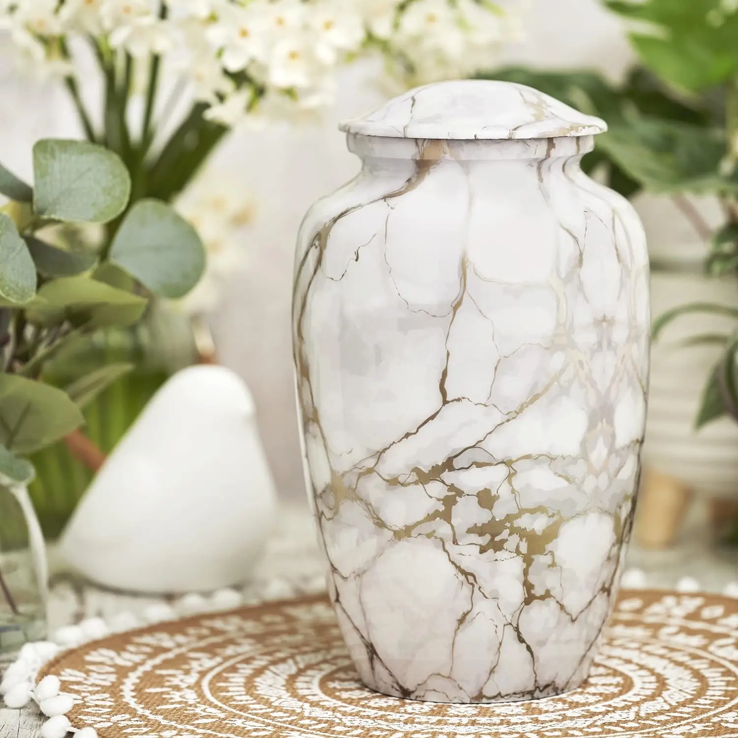 White Marble Finish Alloy Cremation Urn & Keepsake For Human Pet Cremated Ashes Funeral Supplies Memorial Burial Decorative Urns