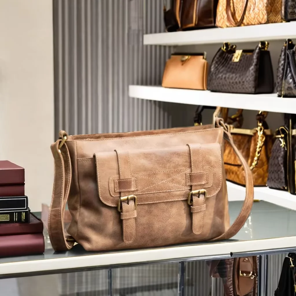 High Quality Antique Tan Genuine Leather Handbag Women Stylish Tote Adjustable Shoulder Strap Zip Closure Fashionable Lady