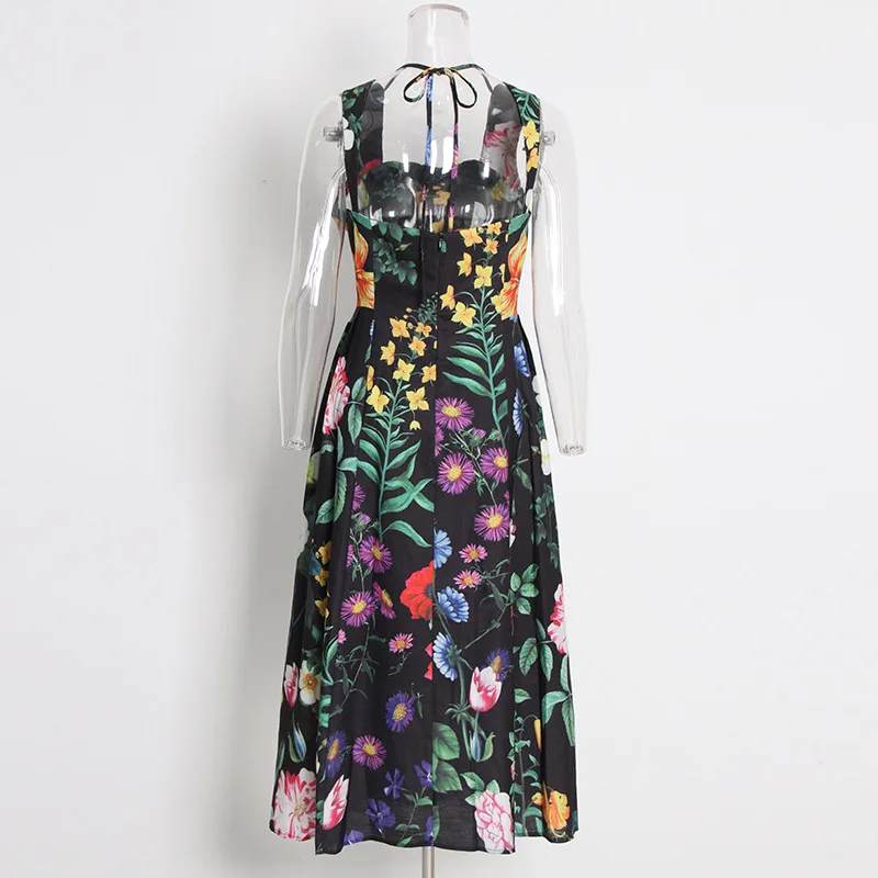 European And American Elegant Style Printed Strap Square Neck Pin Bead Strap Flora Woman Long Maxi Dress Ladies