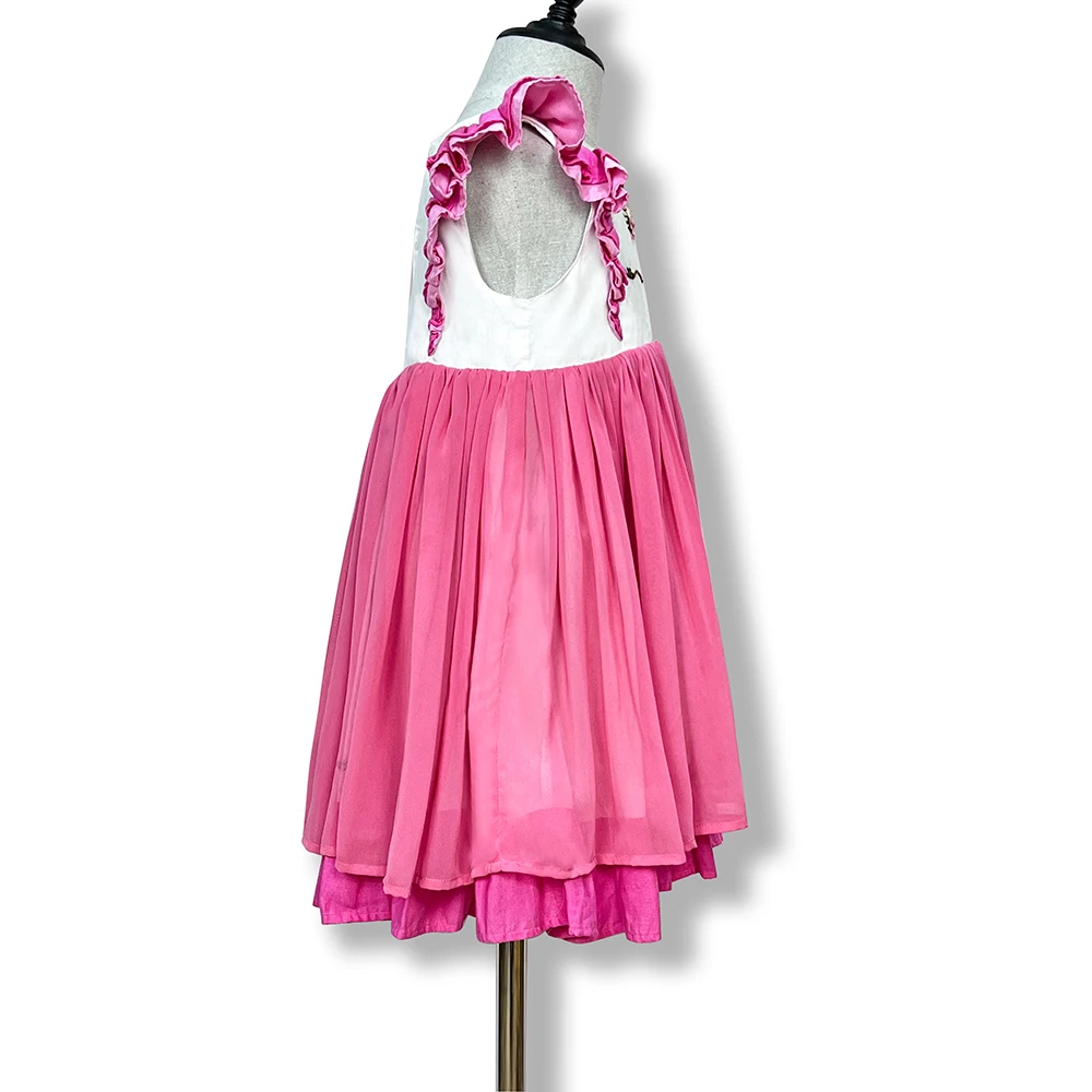Beautiful girls in hot night pink dress for chiffon dress with unicorn hand embroidery girls dresses