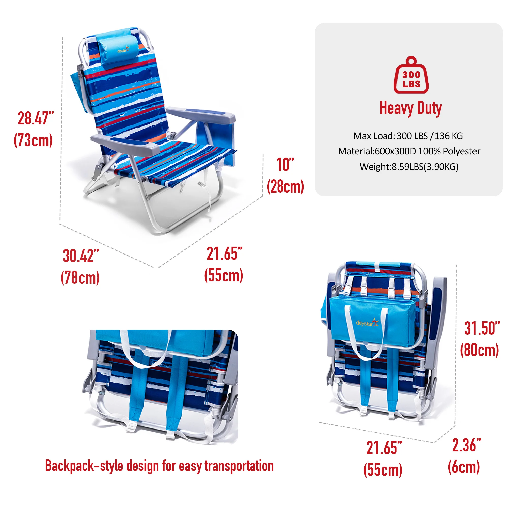 SunnyFeel Folding Lounge Chair with Attached Beverage Holder 5 Recline Settings in Striking Blue Striped Fabric for Coastal Fun