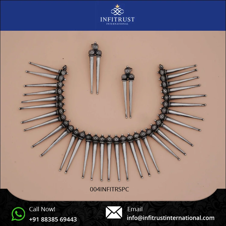 Best Tribal Necklace and Matching Earring Set Choker Vintage Collar Bone Oxidised Necklace Handmade in Sterling Silver for Wome