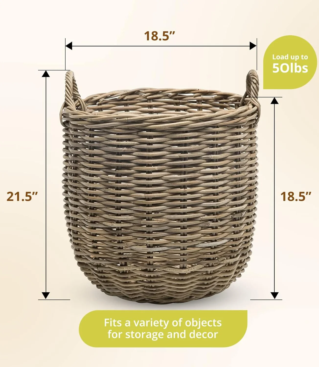 Rattan Kobo Round Storage Basket, Handwoven Rattan Basket with Handles, Organization & Home Decor for Storage, Gray-Brown