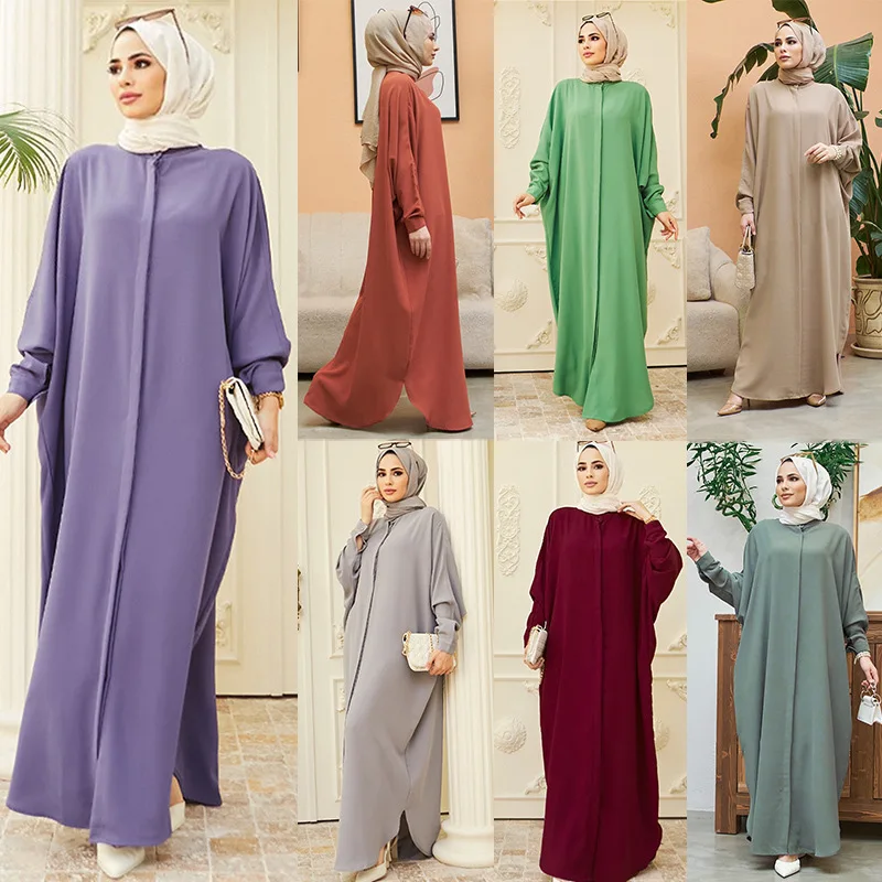 Modest Elegant Muslim Long Sleeve Satin Dress women Islamic Clothing abaya women muslim dress