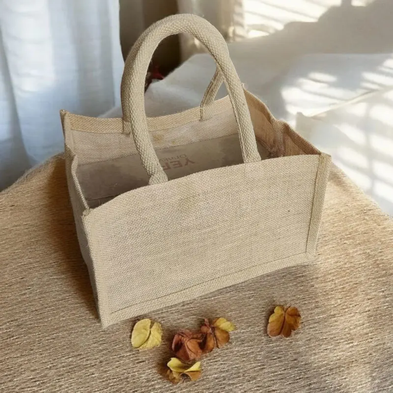 Stylish Jute Drawstring Gift Bag Christmas Gift Bag Canvas Cloth Tote Beach Bag for Shopping-Durable Cotton Closure