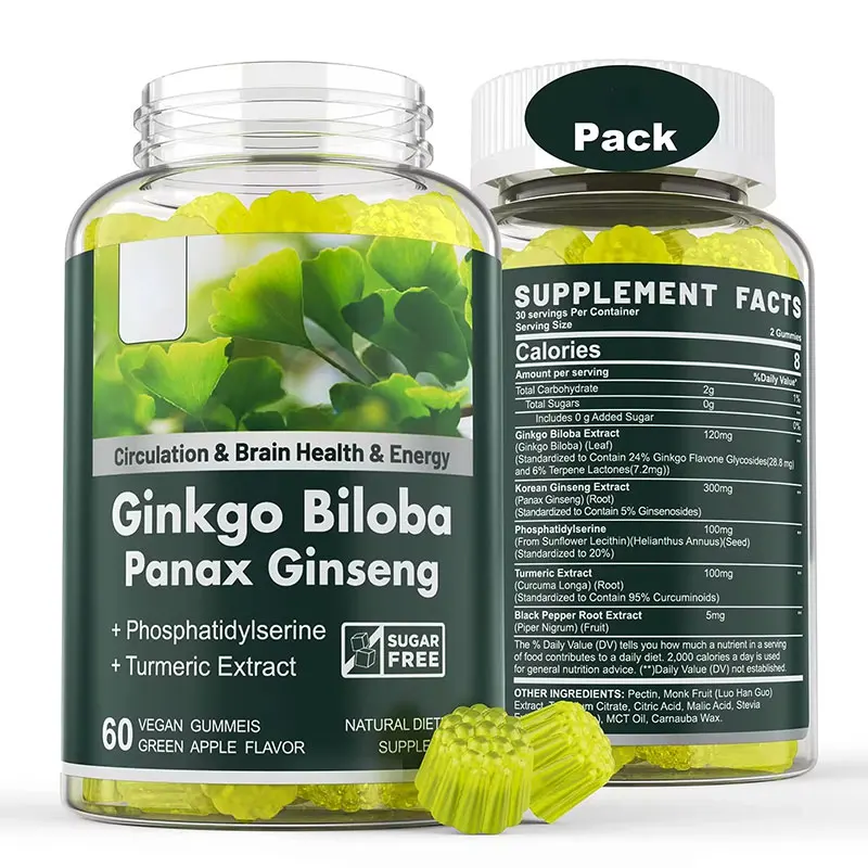 Hot Sale Korean Panax Ginseng Phosphatidylserine Supplements Ginkgo Gummies Memory Boost Energy Ginkgo Biloba Extract Gummies