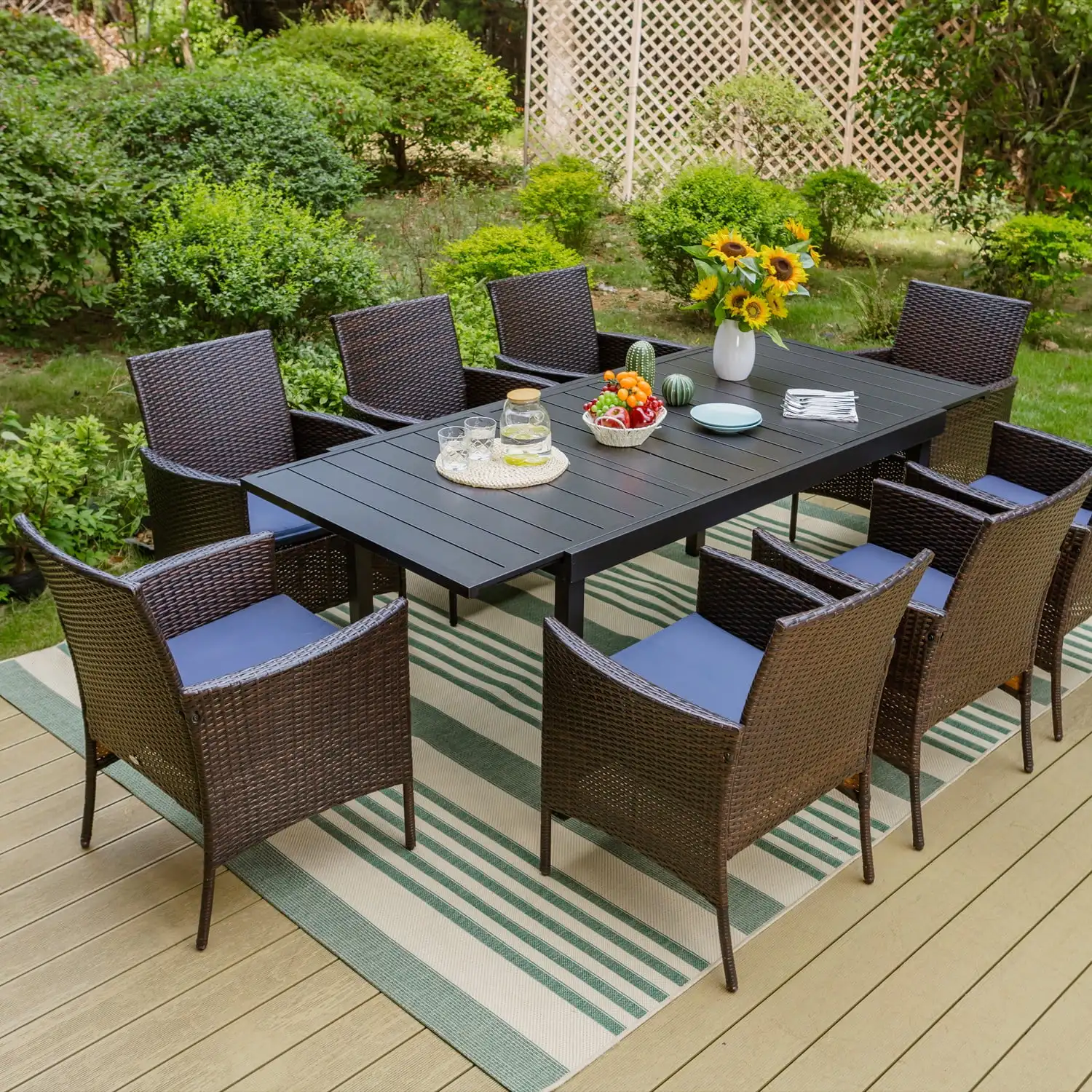 Patio Dining Set with Metal Extendable Dining Table and 8 Rattan Chairs for Outdoor