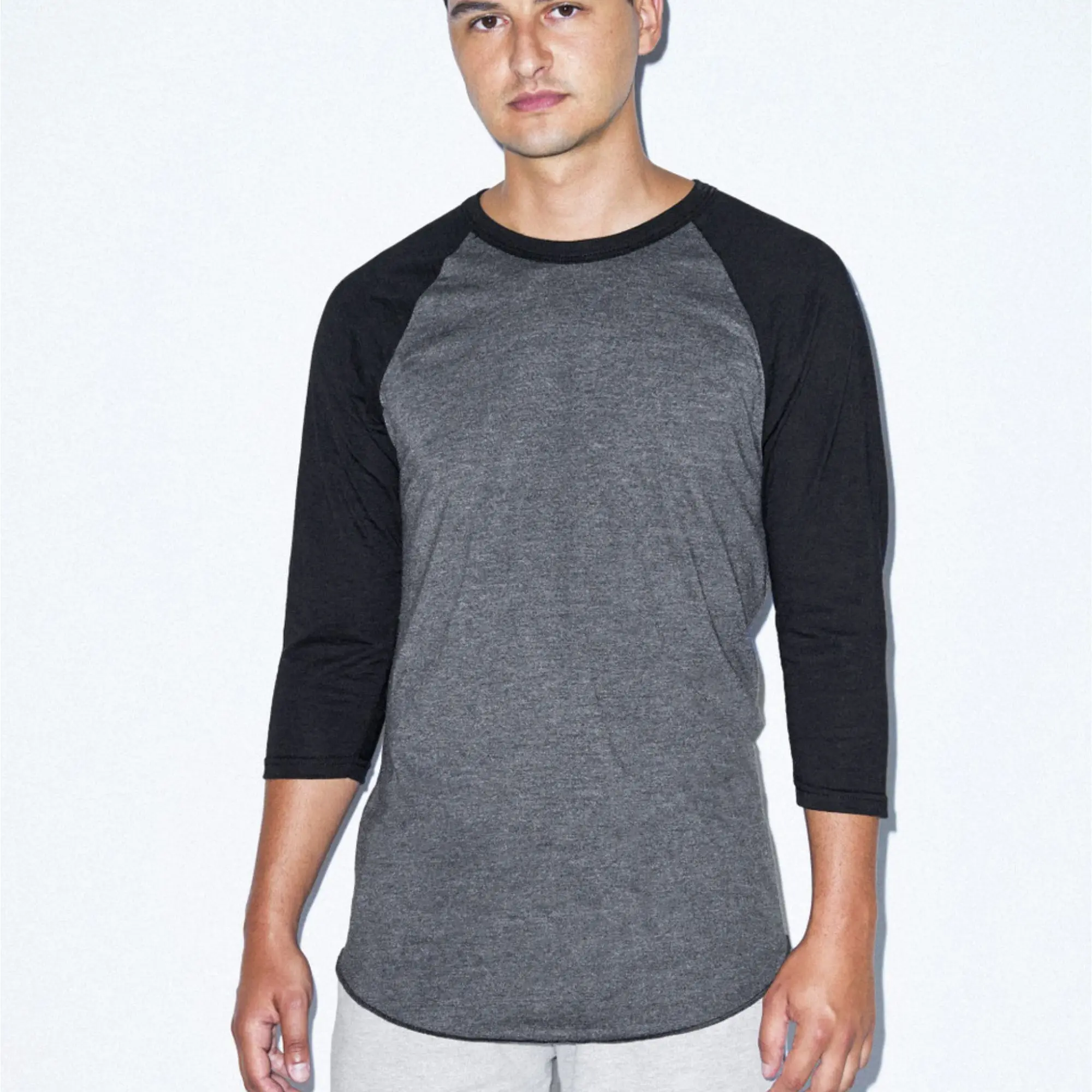Ultrasoft 50% Cotton 50% Polyester 200 gsm Slim Fit Lightweight Heather Charcoal & Black Baseball Raglan 3/4 Sleeve T-Shirt