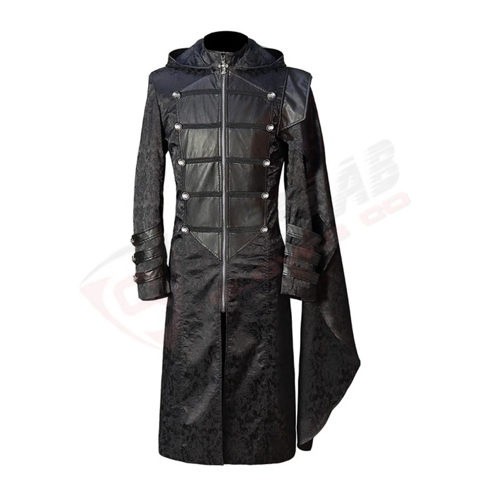 Ladies Plus Size Vintages Medieval-Steampunk Gothic Breathable Black-Halloween Longed Cosplay-Hooded Leather Coats