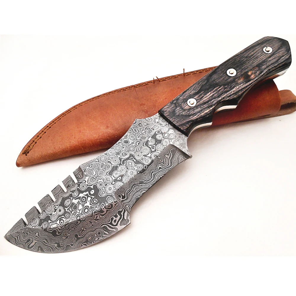 Damascus Steel Tracker Camping Knives with Leather Sheath Kitchen Knife Set for Chopping Bamboo Blade Knife Set