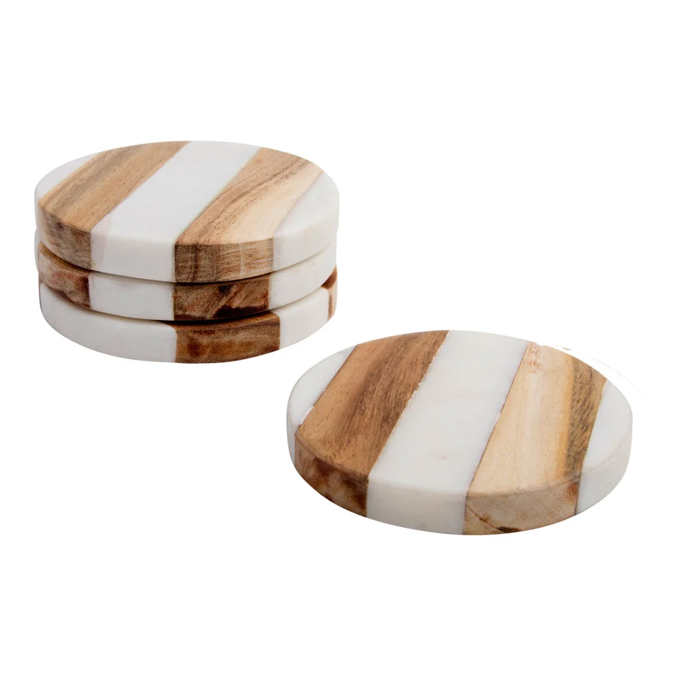 Modern Style Handcrafted White Marble & Mango Wood Coasters Geometric Design Blooming Bud Overseas for Your Drinks