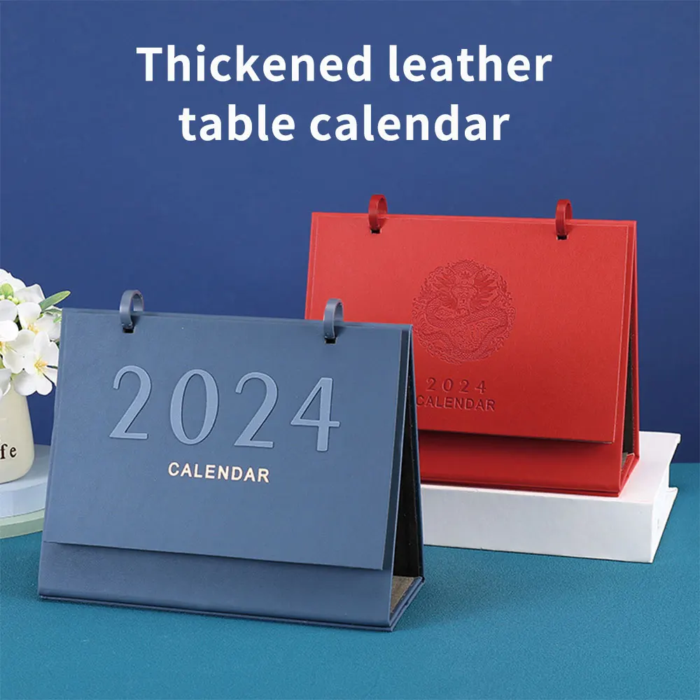 Small Leather Desk Calendar 2024-2025 Standing Flip Desktop Calendar Metal Ring Monthly Desktop Calendar for Home Office