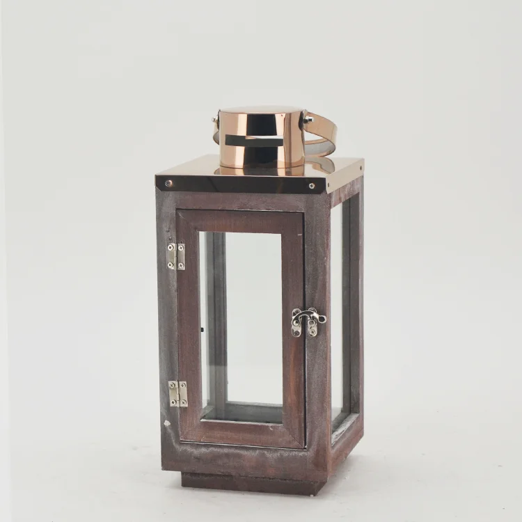 Hot Selling Fancy Style Home And Garden Wood Glass Lantern For Candle With Stainless Steel Top