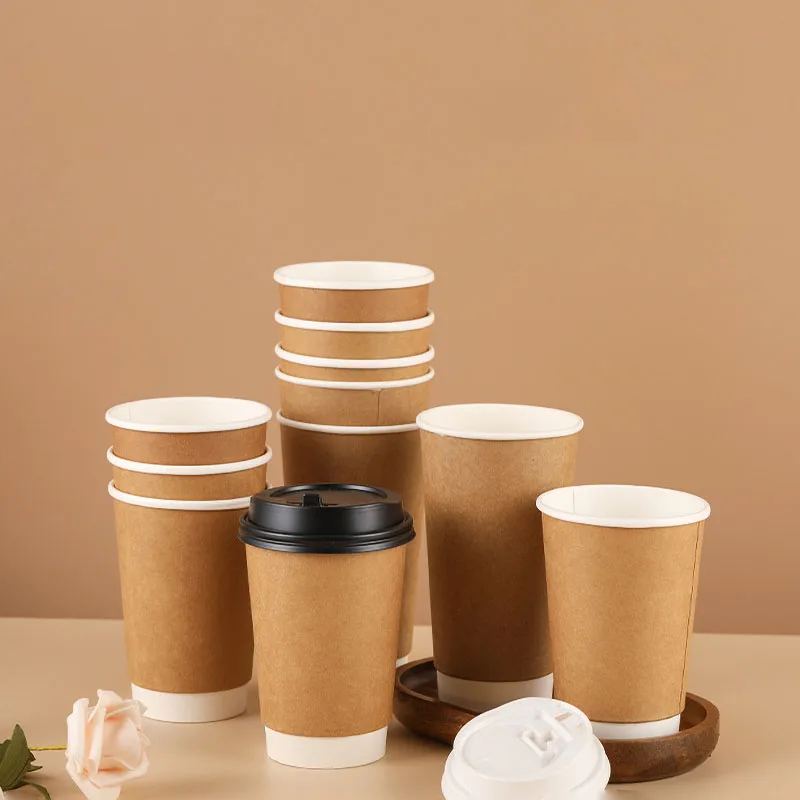 White Disposable coffee paper cup 8oz double wall biodegradable anti-scalding kraft paper hot drink paper cup with lid