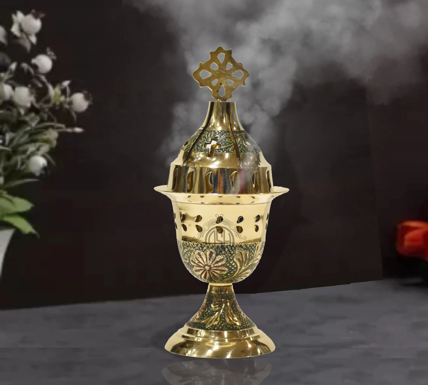 Engraved Design Brass Handmade Incense Burner Oil Lamp Bakhor Daan For Home Temple Office Used.