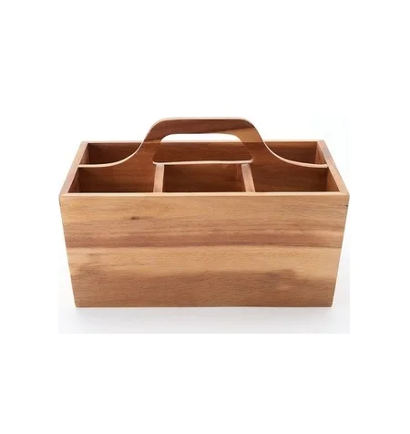 Premium Caddy Table Organiser Handmade Wooden Basket Shape Multipurpose Cutlery Holder 4 Compartments with carrying handle