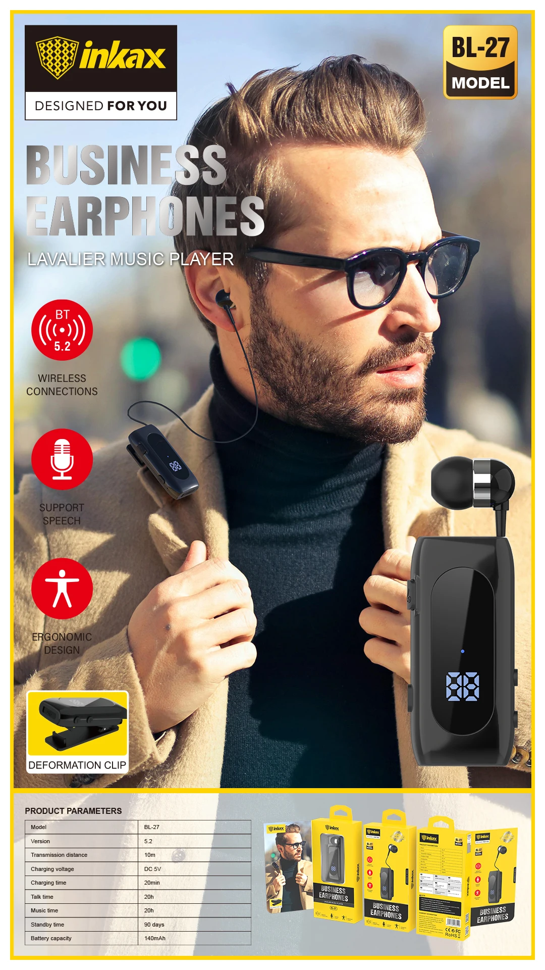 inkax Single Business Wireless Telephone Headset Earhook Hands-Free HD Call Earphone with Mic Digital Power Display