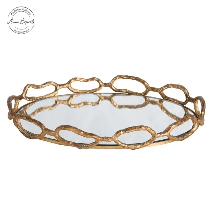 Modern Design Handcrafted Cable Chain Mirrored Tray with Gold Finished used for Table Top Decor and jewellery Display