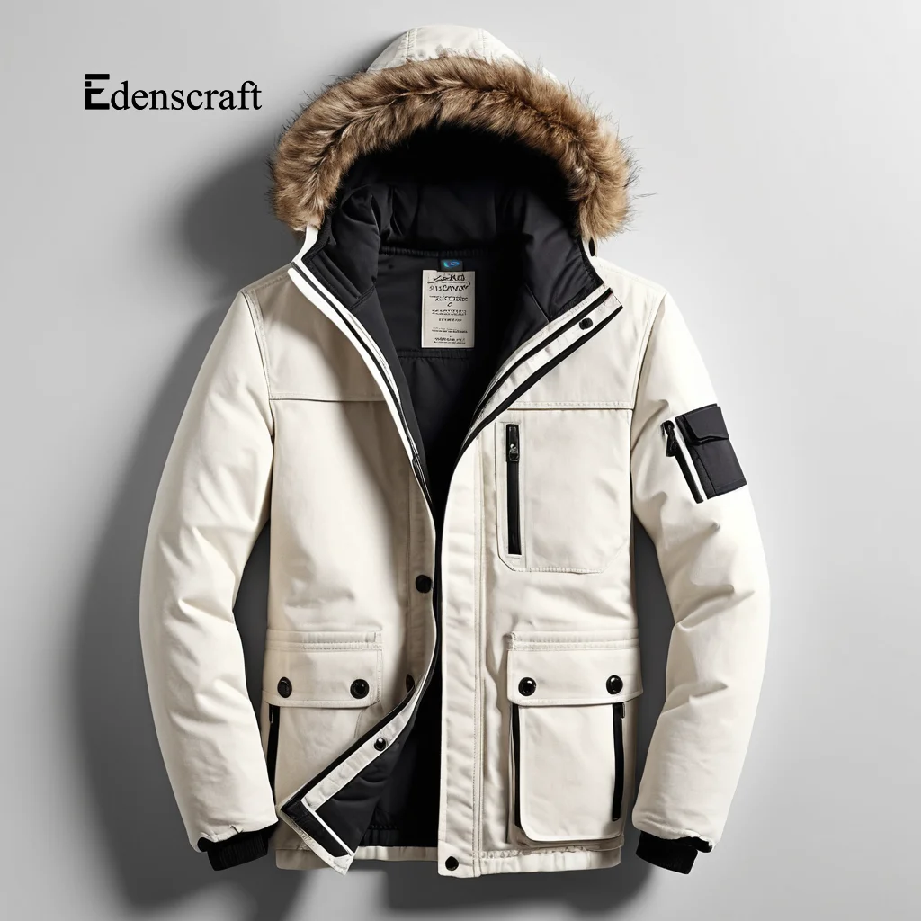 Insulated Fur Hooded Canvas Winter Parka Mens Heavyweight Durable Jacket for Cold Weather Outdoor Comfort