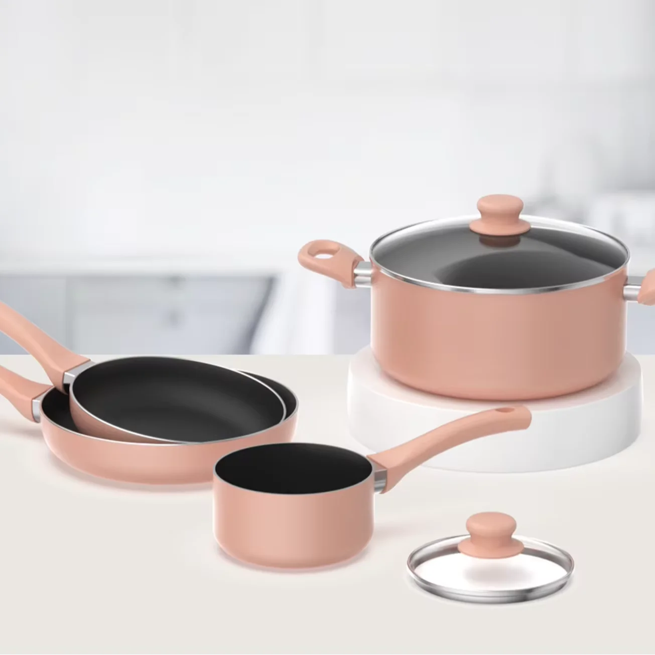Pressed Aluminum Cookware set: saucepan 16cm, pot 24cm, frypan 20/24cm, 2.4mm thickness, non-stick coating, induction bottom