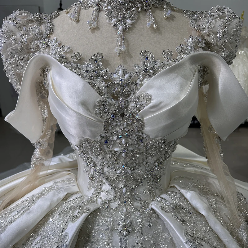 Jancember XS012 Luxury High Neck Long Sleeve Beading Ball Gown Satin Wedding Dresses