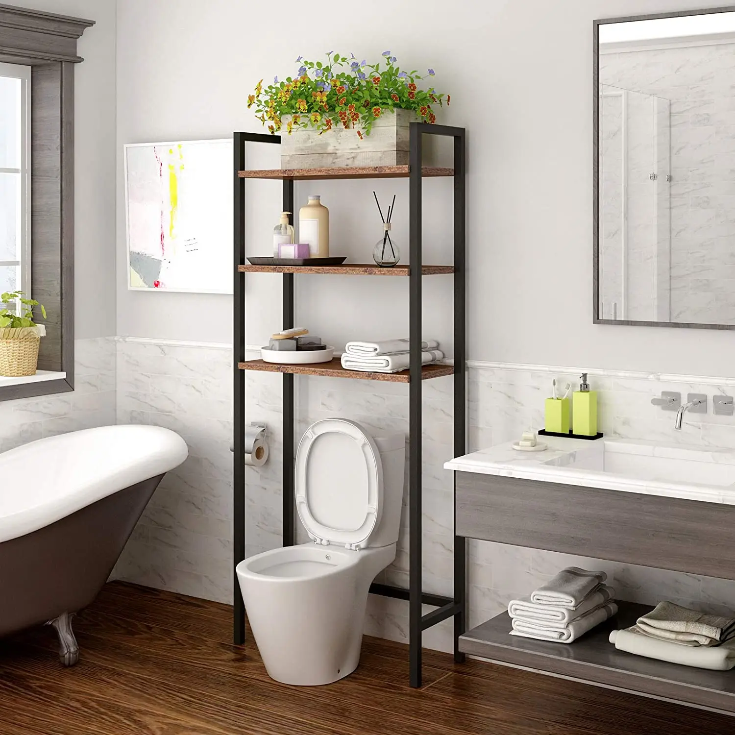 3 level industrial  bathroom organizer, shelving over toilet, adjustable feet, easy to assemb