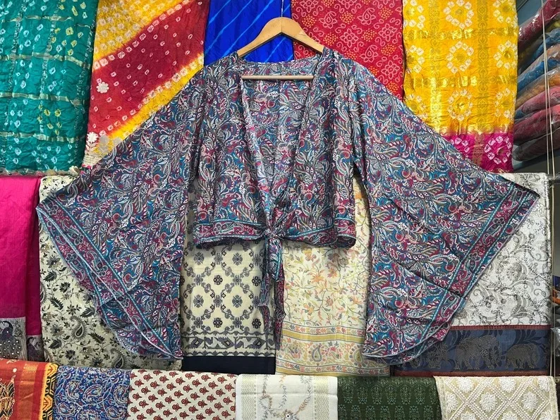 Floral Printed Silk Crop Top, Bell Sleeve Silk Wrap Around Top, Front Tie Summer Silk Tie Top, Hippie Beach Wear Silk Top,