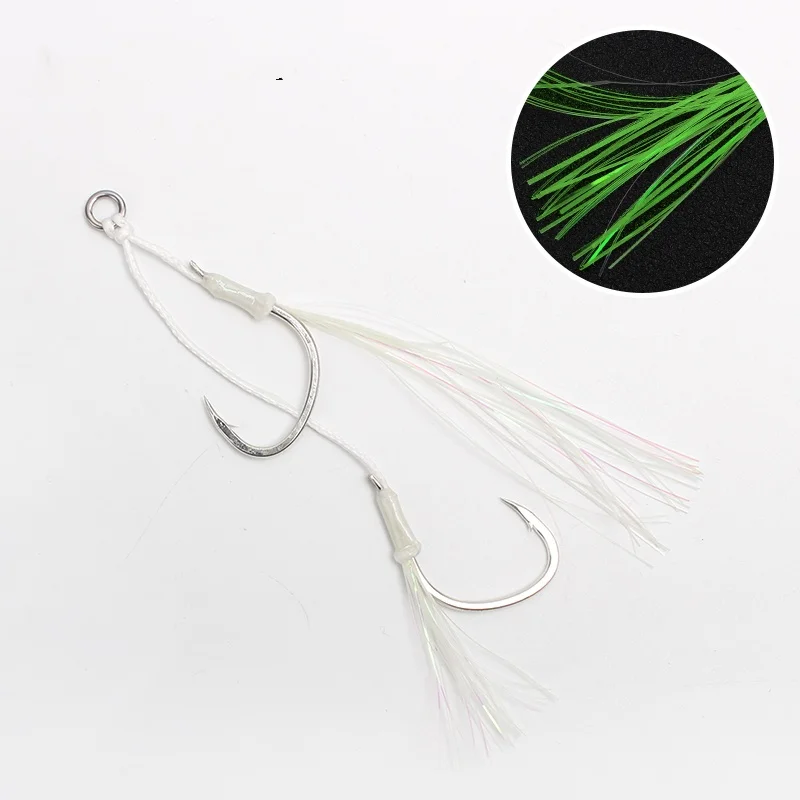 Wholesales Metal jig double hook  epoxy resin  high carbon steel jig auxiliary hook with luminous silk  from china