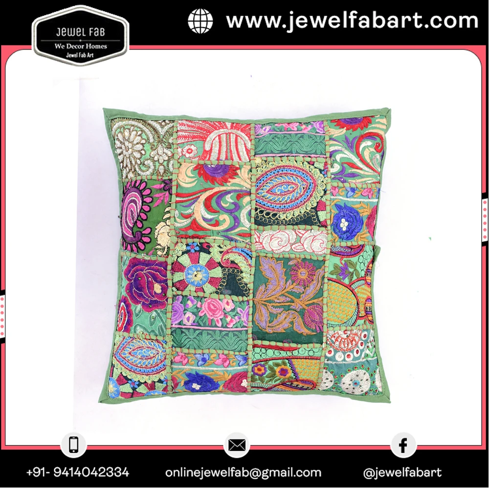 Indian Traditional Style Patch Work Cotton Cushion Cover in Square Shape Home Decorative Handcrafted Floor Pillow Cover