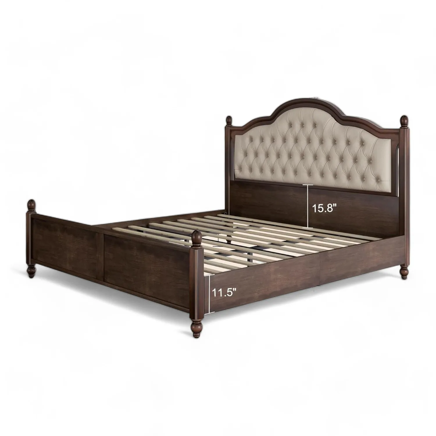 Solid Wood Bed Frame Queen Size Transitional Platform Bed with Upholstered Bed Tufted Headboard and Wood Slat - Home Bedroom