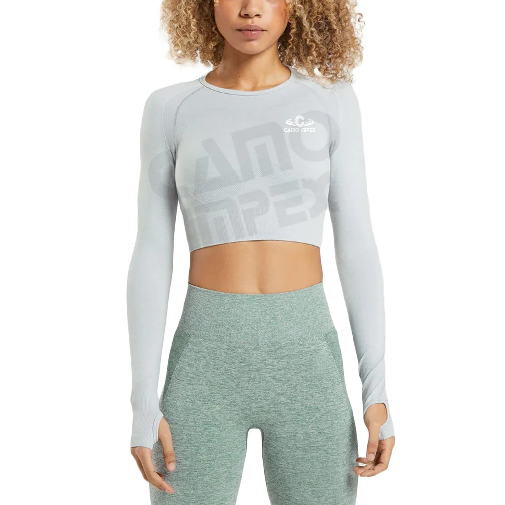 Women Flex Long Sleeves Cropped Fit Round Neckline Thumb Holes Cuffs Body Contouring Sweat Wicking Fabrics Crop Tops For Womens
