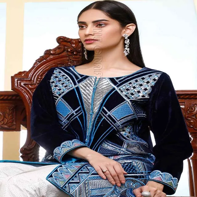 High Quality Embroidered Velvet Shirt Embellished with Dori Piping Indian and Pakistani Beautiful Casual Dresses
