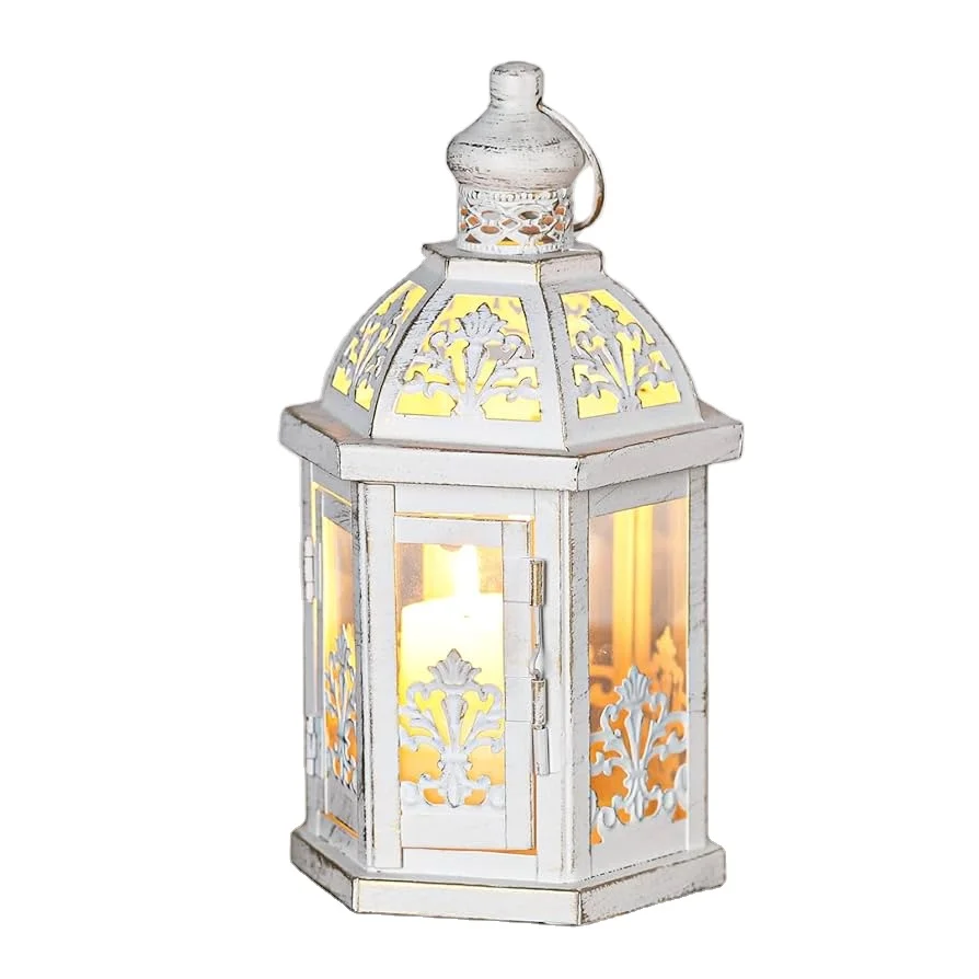 White Coated Finished Lantern Candle Holder Perforated Metal Iron Candle Lantern Holder Classic Design Metal Lantern
