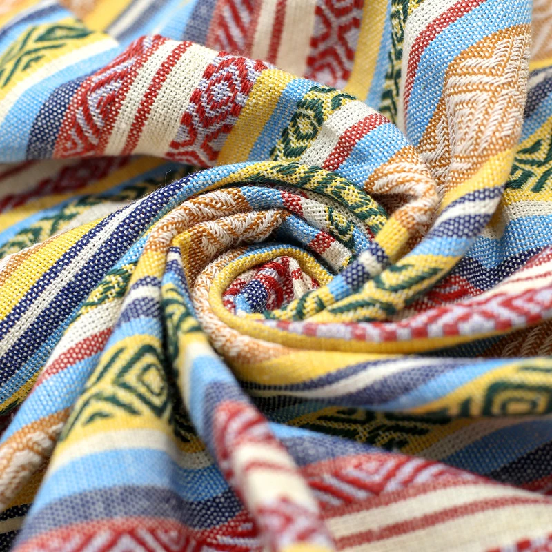 Organic National Wind Geometric Stripe Jacquard Yarn-Dyed Cotton Canvas Fabric Lightweight for Pillow Luggage