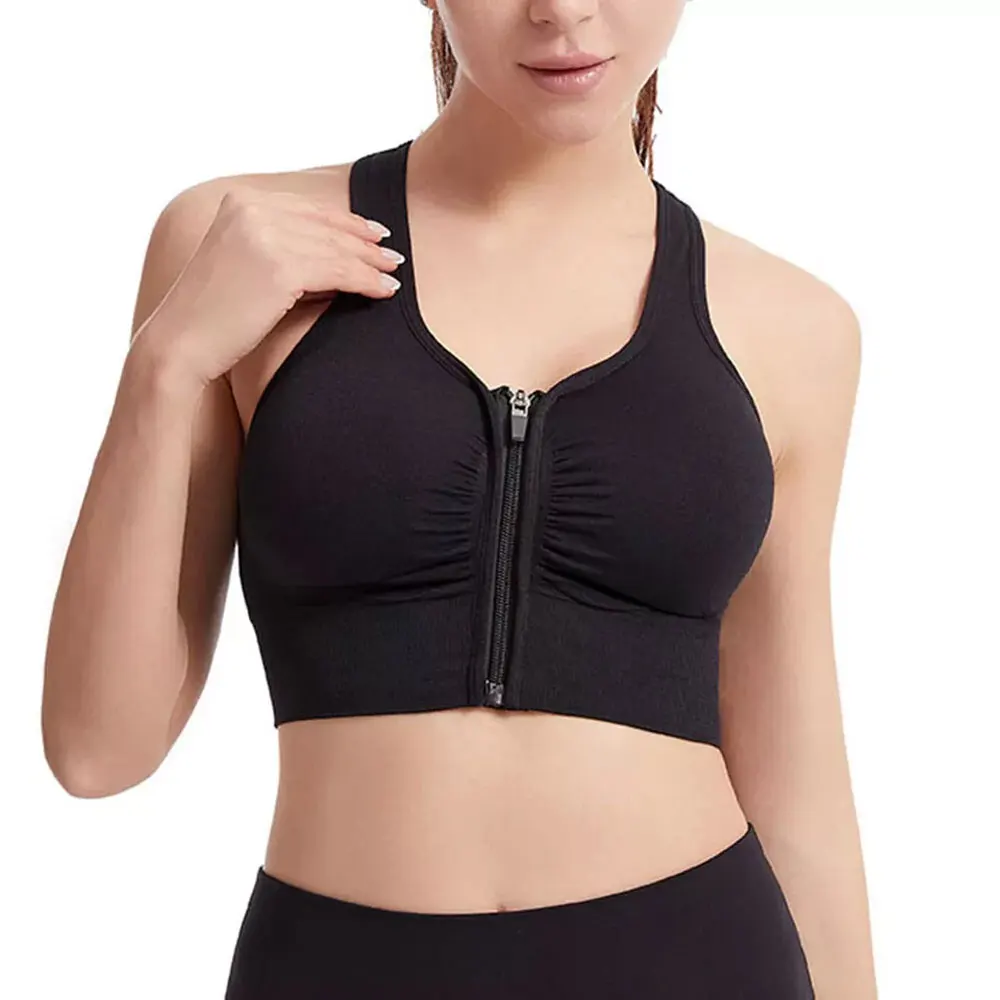 High Support Zip Front Sports Bra Ladies Front Zipper Yoga Bra Top Nylon Spandex Breathable Fitness Bra Solid Pattern Adult Size