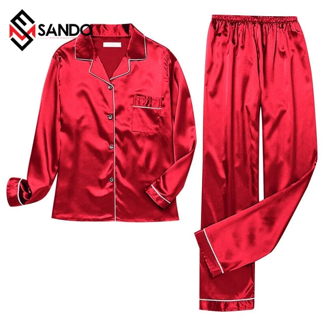 OEM design customized Pajamas Silk Satin Sleepwear Long Sleeve Top And Trouser for men and women