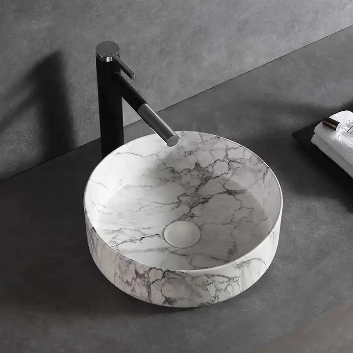 Lavabo New Design Hotel Round Washbasin Countertop White Marble Bathroom Sink Hand Wash Art Basin