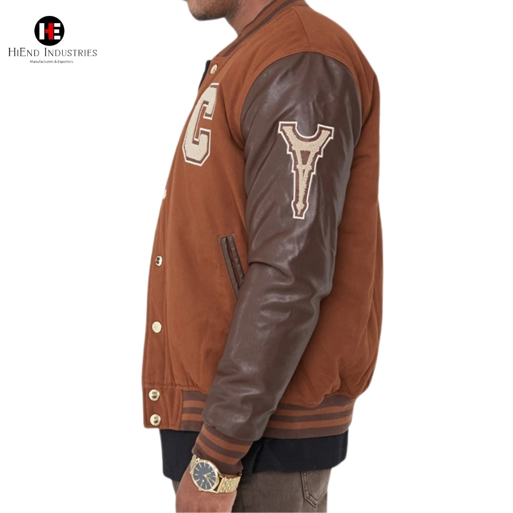 OEM Custom Leather Sleeved Varsity Jacket Embroidered Logo Classic Letterman Bomber Design Front Slash Pockets for Men
