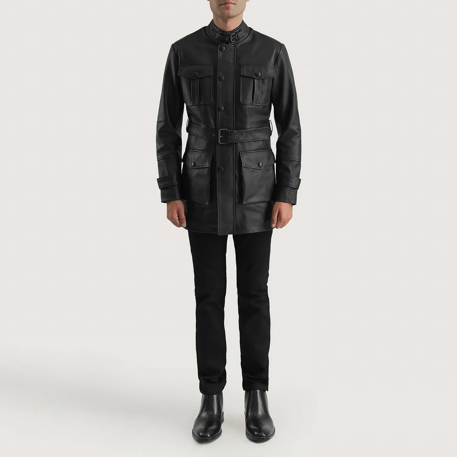 Custom Premium Button Up Round Neck Snap Button Waist Belt Front Pockets Leather Jacket Manufactured by Huzaifa Products